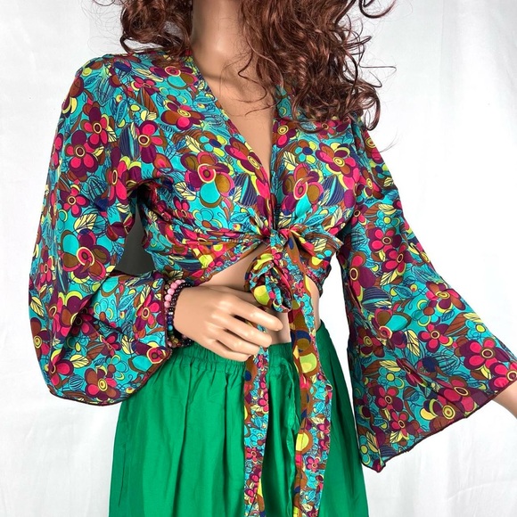 Open Front Tie Bell Sleeves Blouse - Picture 7 of 8